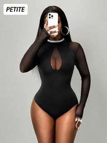 SHEIN PETITE 女士性感网纱拼接长袖连体衣 - 黑色 - 查看 5