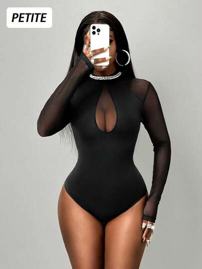 SHEIN PETITE Women's Summer High Stretch Knitted Fabric And Mesh Material Are Spliced Together, With Mesh Long Sleeves And Front Collar Water Droplet Mesh See Through Design In Black Slim And Sexy Jumpsuit, Summer Outfit For Women, Women's Beach Bikinis Summer 2026,Beach Outfit For Women ,Beach Outfits For Women