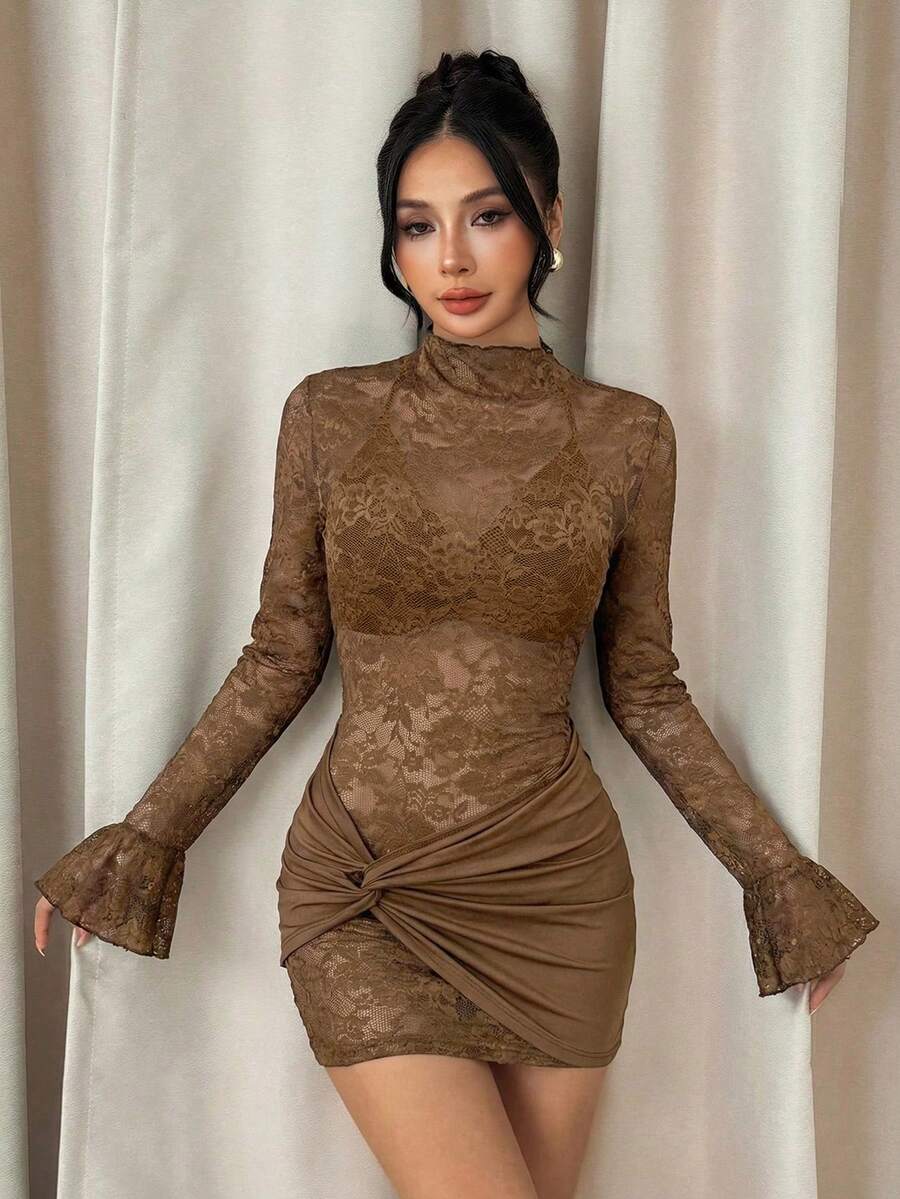 SHEIN PETITE Burgundy Sexy See-Through Lace Mini Dress, Suitable For Daily Dating, Night Out, Nightclubs, Parties, Get-Togethers, Cocktail Parties, Pool Parties, Autumn/Winter Brown Elegant Dress Women Brown Sexy Dress Slay Diva Dress Coffee Brown Dress Long Sleeve Elegant Dress - Chocolate Brown - View 1