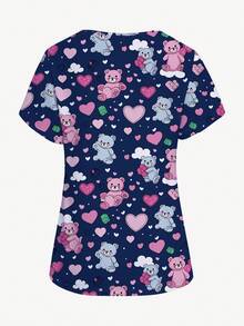 PopScrub Cartoon Bear Heart-Shaped Short Sleeve Women Nursing Scrubs Top, Nurse Uniform - Multicolor - View 2