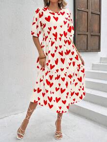 Breezaya 夏季宽松爱心印花荷叶边下摆泡泡袖娃娃裙女装 - 彩色 - 查看 4