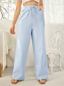 SHEIN Essnce Women's Drawstring Waist Pockets Casual Versatile Wide Leg Pants For Daily Wear - Baby Blue - View 4