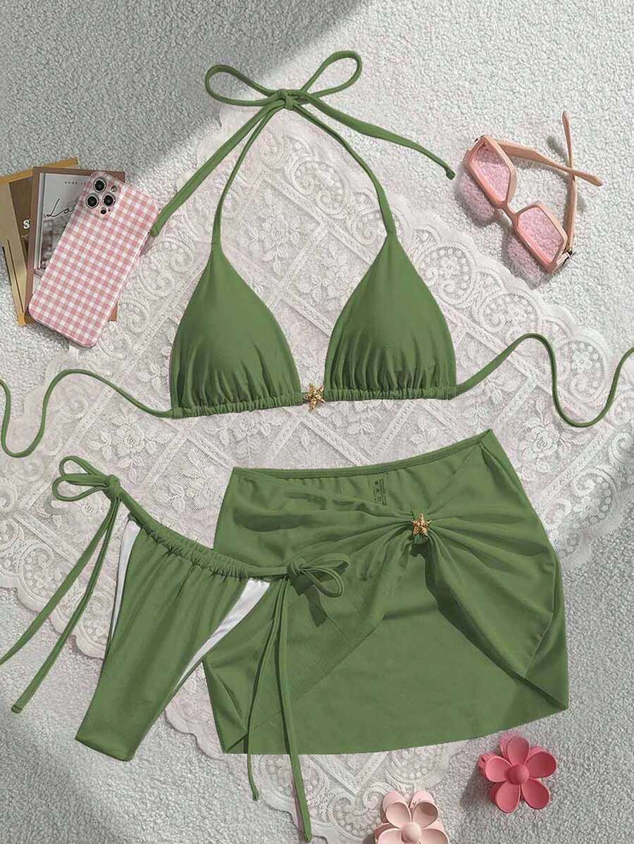 Swim Mod Bộ 3 món gồm áo bikini tam giác buộc dây cổ và váy ngắn màu trơn dành cho nữ, thích hợp mặc mùa hè. - màu xanh lá - Xem 1