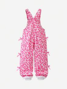 SHEIN Playful Pals 少女街頭風豹紋牛仔吊帶褲，季節款棕色配黑色蝴蝶結，錐形修身豹紋牛仔連身褲，柔軟舒適面料，日常時尚百搭，適合生日女孩、大姊姊、女孩休閒夏季連身褲，附口袋，少女連身褲套裝，適合前青春期女孩的夏季連身褲 - 粉色 - 查看 2