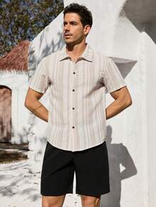 VIVINTIMO Men's Summer Striped Short Sleeve Button-Down Casual Shirt - Khaki - View 4