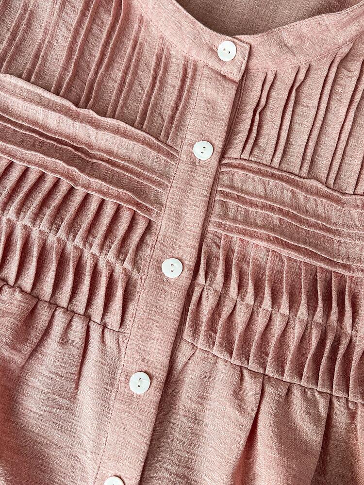 Plus Plus Size Women's Summer Casual Vacation Country Pleated Decor Short Sleeve Loose Fit Solid Color Pink Blouse For Summer/ Vacation, Holiday,Spring Break, Going Out,2026 New,Simple And Fashionable For Everyday Wear,Casual Vacation Boho Top