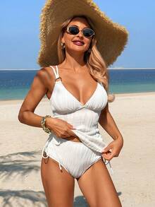 Swim Vcay Top corto con hombros descubiertos y tirantes finos de unicolor con textura de tela y Bottom de bikini de triángulo de talle alto - Blanco - Ver 1