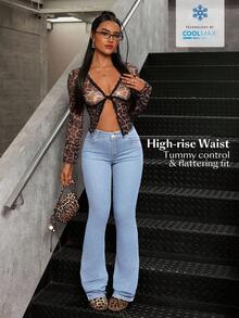 SHEIN Tall 休闲水洗中腰修身喇叭牛仔裤 - 藍色 - 查看 3