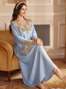 PalaceNights Vintage Palace Style Round Neck Half-Placket Elaborate Floral Decor & Beaded Lace Trim Women Nightgown - Blue - View 7