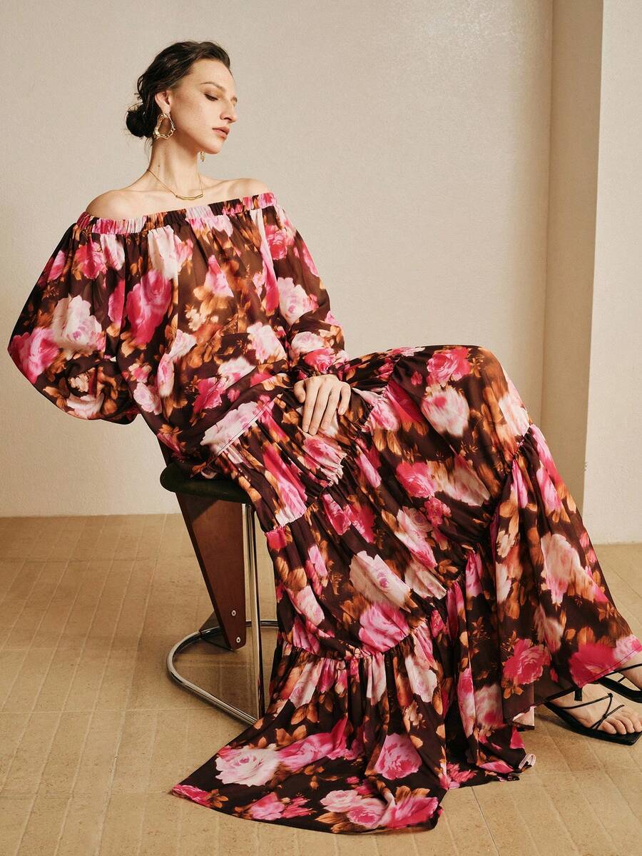 Arave 女士雪纺H型露肩浪漫印花优雅上衣 - 紅色 - 查看 1