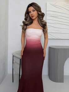 Jemour Women's Elegant Ombre Allover Print Backless Tie Neck Dress, Suitable For Vacation, Party, Evening, Date, Chic Fall, Burgundy Dress, Fall Dresses For Women - Burgundy - View 5