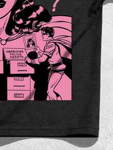 ROMWE MEN Batman X ROMWE Spring/Summer Casual Graphic Men'S Letter & Cartoon Figure Graphic Round Neck Short Sleeve T-Shirt - Black - View 5