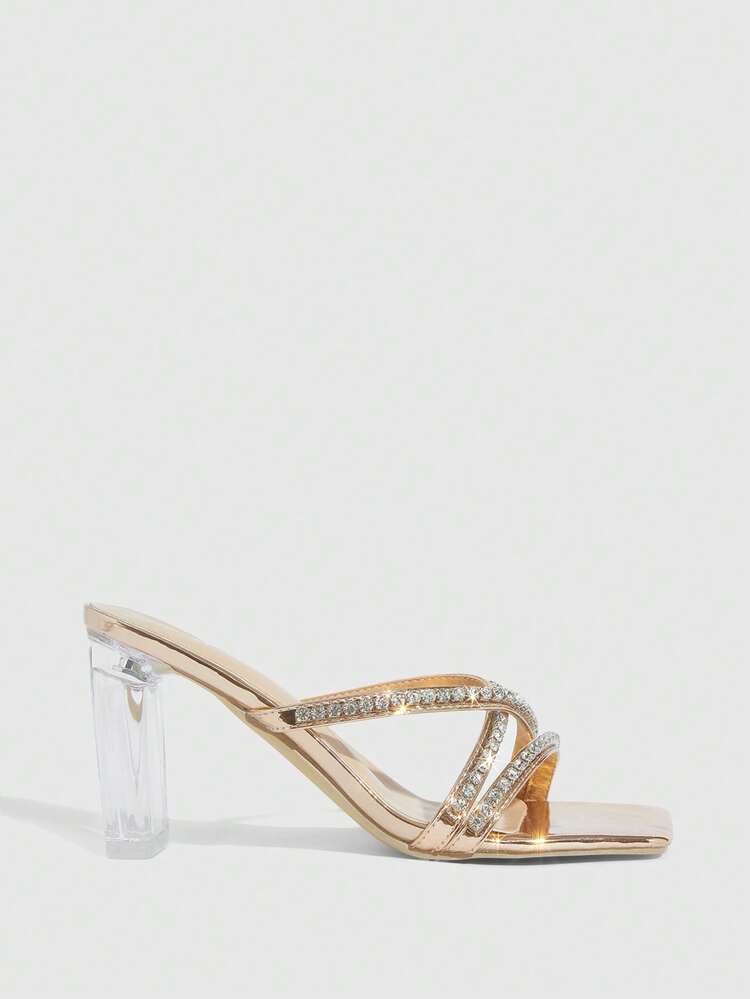 CUCCOO SZL Women's Square Toe Rhinestone Decor Fashion Daily Wear High Heel Slide Sandals Prom Heels