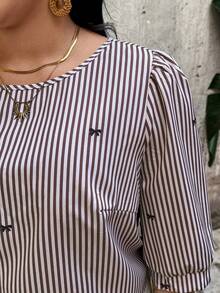 Linhara Blouse élégante de style français à manches mi-longues, avec nœud papillon et rayures, pour grande taille. Top décontracté et de bureau, idéal pour le printemps, l'été et l'automne. Nouveaux hauts élégants et décontractés pour femmes d'été avec blouse rayée - Tabac - Voir 4