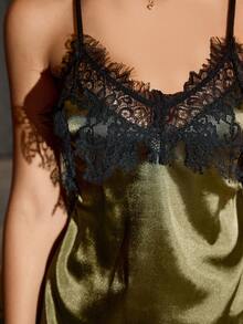 SilkySpell Faux Silk Lace Patchwork Criss-Cross Backless Sexy Women Camisole Nightgown - Army Green - View 5