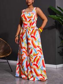 Slaydiva 2025新款春夏度假休闲卡其色鱼骨吊带上衣和阔腿裤两件套，带口袋，纹理面料，大码女式彩色连体裤印花连体裤女式连体裤女式连衣裙阔腿连体裤 - 彩色 - 查看 8