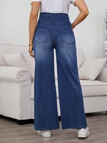 SHEIN Umstandsjeans mit elastischem Bund, verwaschenem Katzenwischer-Effekt und geradem Bein, ideal für Frühling bis Sommer, Valentinstag, Karneval, Pendeln, Urlaub, Abschluss, Chic Y2K, niedliche Streetwear, Party, Hochzeit, elegante Business-Lässig, vielseitige Umstandsjeans mit weitem Bein, blaue Jeans mit elastischem Bund für Schwangerschaftskomfort - Blau - Übersicht 2