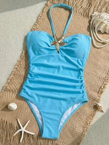 Emery Rose Kids Emery Rose Kids Girls' Pale Blue Star Decor Halter One-Piece Swimsuit - Blue - View 12