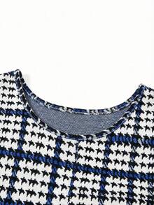 SHEIN Clasi Navy Blue Cardigan Knit Jacket, Elastic, Waist Cinched, Slimming Effect Elegant Navy & White Plaid Knee-Length Dress, Suitable For Everyday, Commuting, Spring/Summer Work Suits, Office Attire, Spring Women's Two-Piece Sets - Blue and White - View 14
