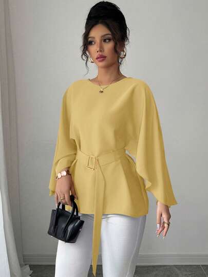 Rafferiza Blusa brillante roja de primavera/verano para mujer con cuello redondo, mangas tipo murciélago y cintura con lazo, de estilo francés