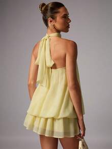 Avenya Elegant Chiffon Halter Backless Dress - Yellow - View 5