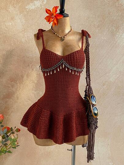 Soleia New V-Neck Beaded Chain Strap Waist A-Line Ruffle Hem Sweater Dress, Bohemian, Boho, Vacation, Vintage, Holiday, Beach, Cruise