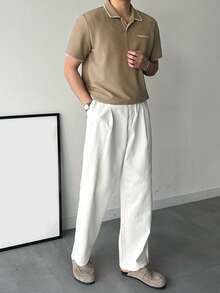 DAZY Men's Polo Shirt With Letter Embroidery And Contrast Collar Stitching Design, Summer - Khaki - View 8