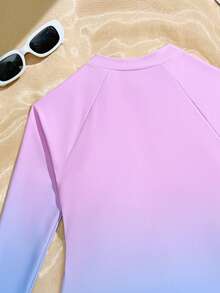 SHEIN 少女渐变色拉链镂空长袖连体泳衣 - 淺藍色 - 查看 7