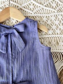 SHEIN 女宝宝度假可爱休闲蓝色蝴蝶结吊带背心和松紧腰短裤套装 - 彩色 - 查看 5