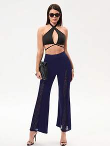 SHEIN SXY 性感高腰撞色蕾丝喇叭裤 - 藍色 - 查看 3