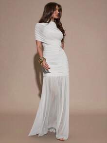 SHEIN BAE 优雅褶皱半身修身连衣裙，适合鸡尾酒会、浪漫约会、秋冬叠穿、派对、正式聚会、万圣节、圣诞节等场合。 - 白色 - 查看 6