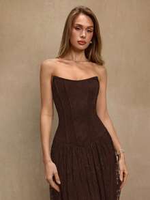 SHEIN BAE 黑色蕾丝无袖V领开衩褶皱连衣裙，适合鸡尾酒会、浪漫约会、秋冬叠穿、派对、正式聚会、夜店、万圣节、圣诞节等场合。 - 咖啡棕 - 查看 3