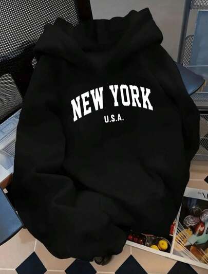 Sudadera Con Capucha De Cuello Redondo Para Hombre Con Estampado De new york , Bolsillo Canguro Y Cordón, Manga Larga, Suelta Y Casual, Ideal Para Regalar En Otoño E Invierno Como Ropa De Hombre