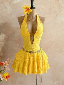Soleia Đầm ngắn gợi cảm cổ chữ V, khoét sâu, dây buộc cổ, hở lưng, chất liệu vải dệt họa tiết, nhiều lớp, vạt không đều, thích hợp cho tiệc tùng, Giáng sinh, hẹn hò, hộp đêm, bãi biển, du thuyền, trà chiều, phong cách Bohemian, Boho, kỳ nghỉ, trang phục mùa thu dành cho nữ, phong cách vintage. - Màu vàng - Xem 4