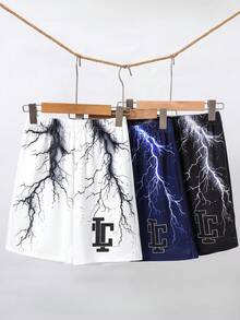 SHEIN 3件套 青少年男童度假学院风印花宽松直筒针织短裤，3种颜色 - 彩色 - 查看 2