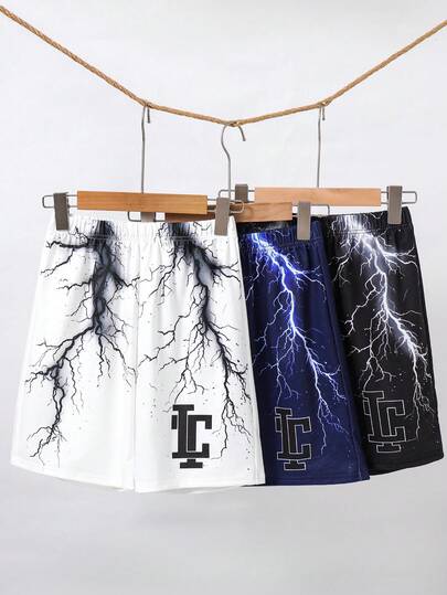 SHEIN 3pcs/Set Tween Boy Vacation Collegiate Style Printed Loose Straight Knit Shorts, 3 Colors