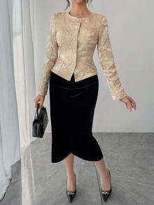 DAZY Women's Elegant Floral Textured Round Neck Lightweight Jacket, Spring - Gold - View 4