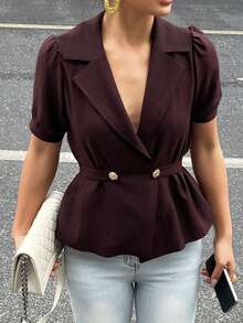 DAZY Chemise formelle de navettage rouge pour femmes avec col, manches bouffantes et ceinture à la taille, style Y2K d'été - Rouge foncé - Voir 4