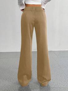 SHEIN Unity 女士腰部纽扣设计条纹阔腿休闲裤 - 摩卡棕 - 查看 2