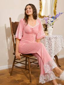 French Romantic Elegant Lace Patchwork Palace Style Long Sleeve Women Pajama Set - Dusty Pink - View 1