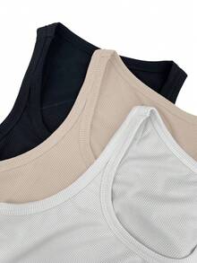 SHEIN ChicEase Multi-Color Set Of Camisole Tops With V-Shaped Hem And Pleated Back 3 Pack Tops Tank Tops Women Women's Tank Tops Ribbed Tank Tops Ribbed Tops Tight Tops - Multicolor - View 3