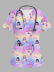 TaskEZ Women's Scrub Uniform Top With Girl Group & Starry Sky Print - Multicolor - View 1