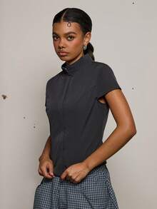 COUREZ Cap Sleeve Nylon Techy Top /Y2K Spring Clothes For Women Street Streetwear Cute Going Out Outfits Casual Top Party Rave Summer Top Summer Outfits - Dark Grey - View 4