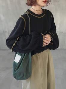 FRIFUL 女士休闲宽松撞色拼接圆领长袖T恤，秋季款 - 黑色 - 查看 6