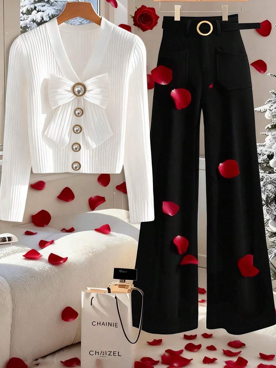 GlowEve CURVE Bộ đồ hai mảnh đen trắng dài tay dành cho nữ gồm áo khoác cardigan trắng thắt nơ và quần dài đen. - Đen và trắng - Xem 1