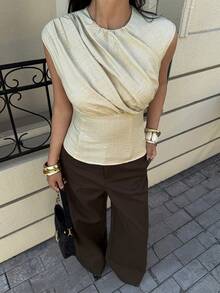Siren Gaze 女士纯色简约无袖上衣，日常穿着 - 卡其色 - 查看 1