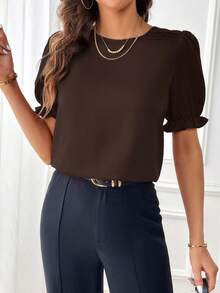 SHEIN Essnce Kemeja Lengan Pendek Wanita Warna Polos Kerah Bulat Kasual Serbaguna untuk Berpergian - Coffee Brown - View 4