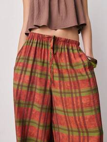 Nöista Plaid Harem Pants , Balloon Pants A Relaxed Fit With Gathered Elastic Cuffs And An Adjustable Waist. Spring , Summer , Women, Everyday Wear. - Red - View 5