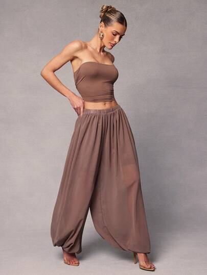 Hauture Women's Summer Fashion Solid Color Bandeau Top And Pants 2 Pieces Set