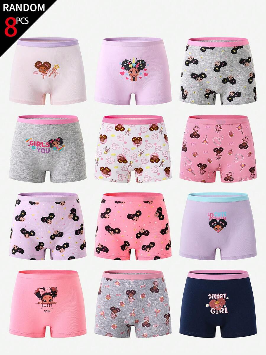 8pcs/Set Girls' Cute Cartoon Princess Cotton Briefs, Assorted Colors & Prints - Multicolor - View 1